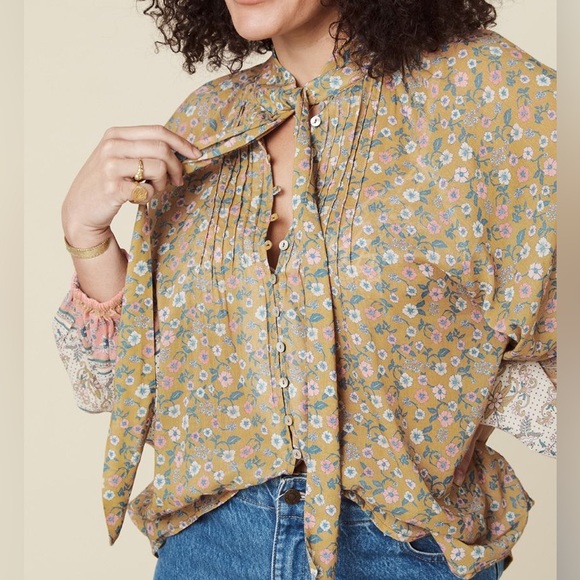 New Spell x Free People Mossy XL Brown Pink Buttonfront Tie-Neck Boho Blouse - Picture 11 of 15